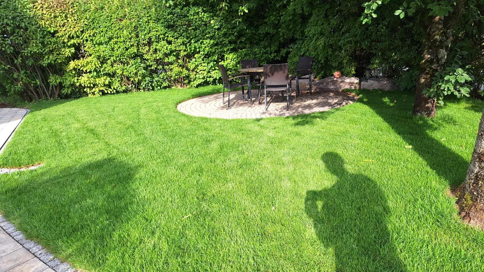 Gepflegte Rasenfläche mit Sitzplatz vor einer Hecke