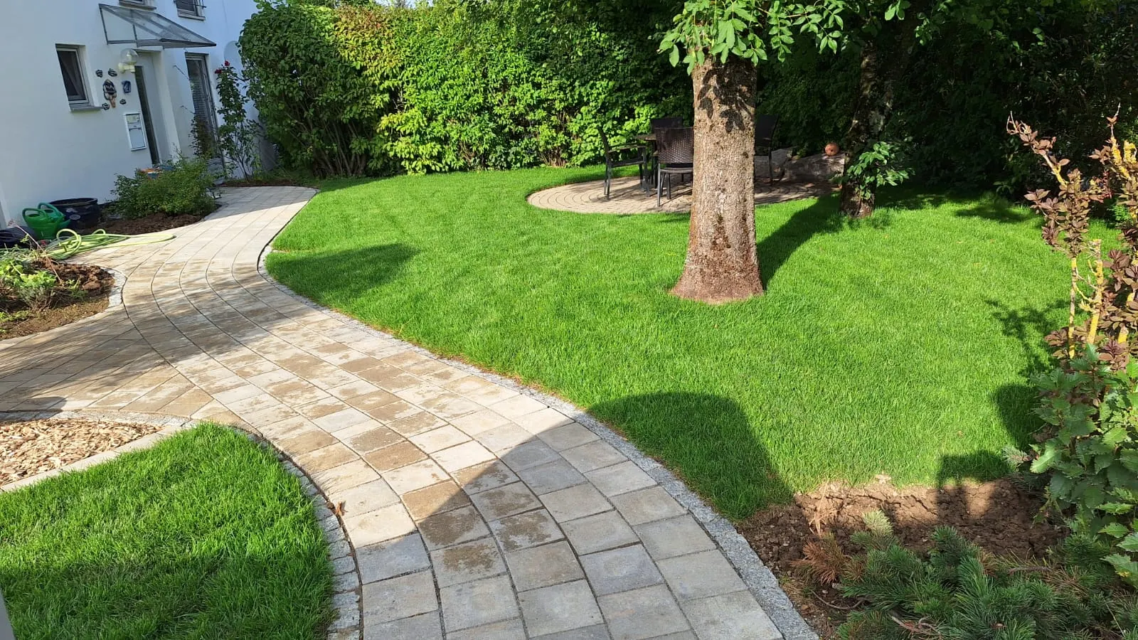 Geschwungener Pflasterweg durch neu angelegten Rasen unter einem Baum